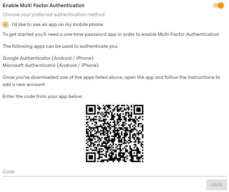 Entering the authentication code for Multi-Factor authentication