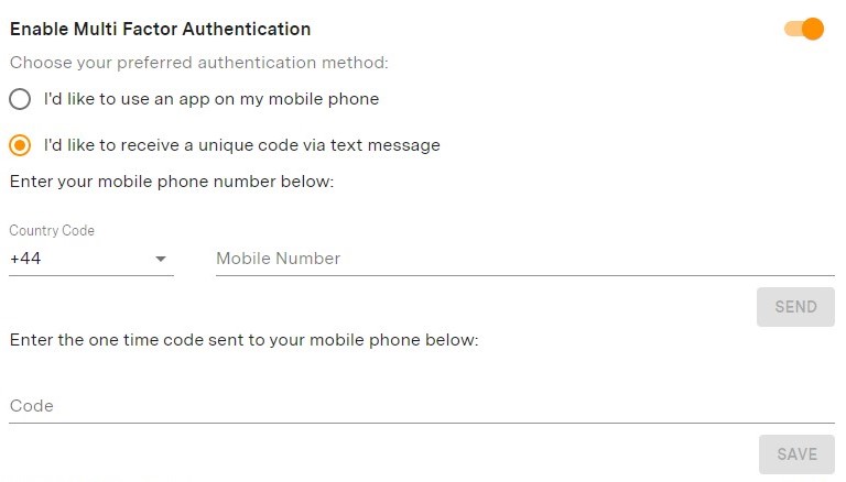 Entering the authentication code for Multi-Factor authentication